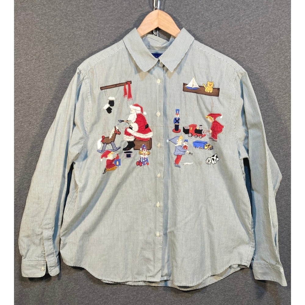 Karen Scott Cotton Stripe Button Shirt Women's LG Santa Elf Christmas Embroidery